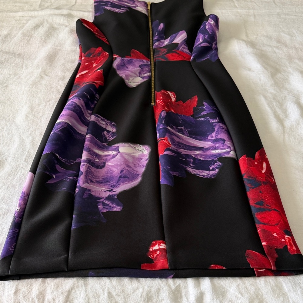 Chic Calvin Klein Black Dress with Red and Purple Floral Pattern